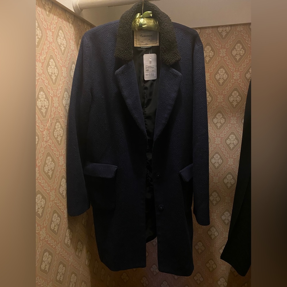 Anthropologie Cartonnier XL navy blue snap front black Teddy collar coat